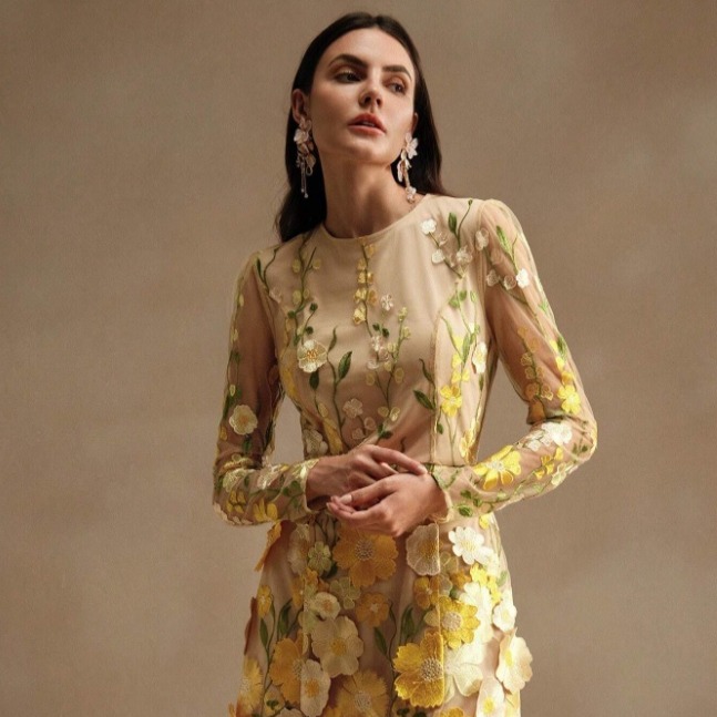 ANEWSTA Vestido corto de manga larga con estampado floral