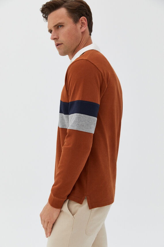 Brown and gray long-sleeved polo shirt