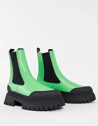 ASOS DESIGN chelsea boots in green faux leather with super chunky sole and rubber toe cap