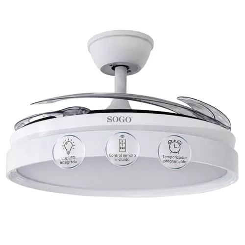 SOGO Ventilador Techo Plegable con Luz LED Regulable y Motor Silencioso - Ventilador Techo con Mando a Distancia y Temporizador Reversible - Ventilador Techo Aspas Retráctiles Madera Bajo Consumo