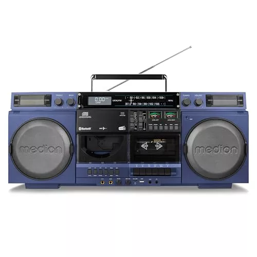 MEDION P66538 Reproductor de Casete (Retro Ghettoblaster con Reproductor de CD, años 80, Grande, USB, SD, CD, Casete MC, Antena telescópica de Radio Dab+, Bluetooth, pletina de Casete