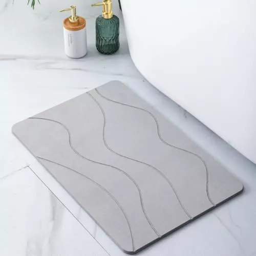 Pure 4Home Alfombra Diatomita Baño 60x40 – Secado Rápido, Antideslizante y Antibacteriana – Alfombrilla Piedra Diatomita Super Absorbente – Alfombrilla Diatomita - Stone Bath Mat (Grey Waves)