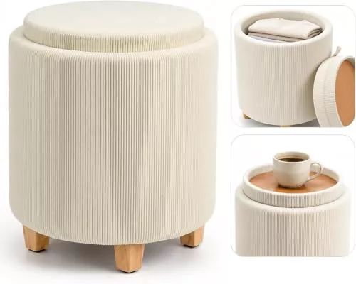 Taburete de Pana con Almacenamiento, Ø 37 x 45 cm, Beige, Tapa Reversible con Bandeja, Patas de Madera Antideslizantes, Puf, Reposapiés y Mesa Auxiliar 2 en 1, hasta 150 kg