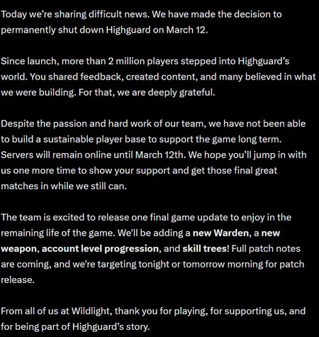 Highguard Cierre Servidores Concord