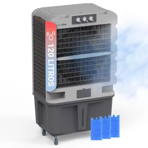 UNIVERSALBLUE Climatizador Modo Evaporativo y Frío Portatil | Aire Acondicionado Natural | x3 Packs de hielo | Capacidad 120L | 3 Velocidades | Silencioso | 10.000 m³/h | Superficies de 80 m²