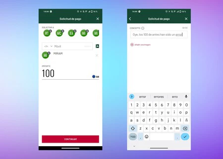 間違いに気づいた場合は、すぐに対応する金額の支払いを要求できます。 Bizum で「支払う」を選択する代わりに、「リクエスト」のようなものをクリックします。