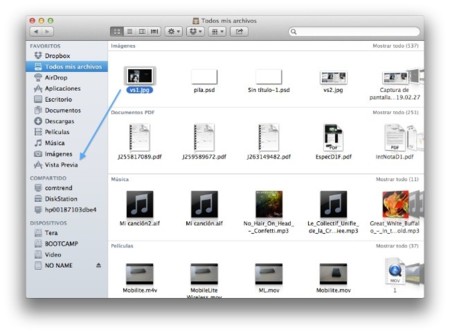 Accesos directos en la lista Favoritos de Finder