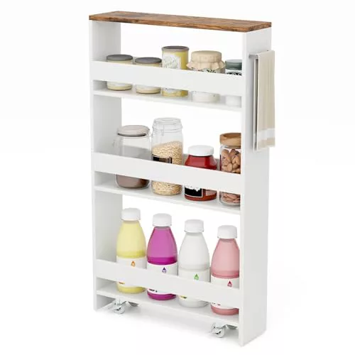 COSTWAY Carro de Almacenamiento Estrecho de 4 Niveles, Carrito Auxiliar con Ruedas, 4 Estantes, Barandillas Anticaídas y Asa, Ahorra Espacio, Carrito para Cocina, Baño, 47,5x13x80,5 cm,Blanco y Marrón
