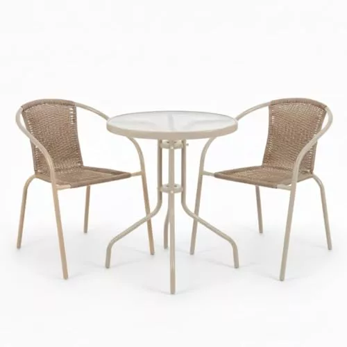 LOLAhome Conjunto Jardín Exterior Mesa y 2 Sillas | Mesa Cristal Templado Ø60cm| 2 Sillones Ratan Beige, apilables | Pintura Epoxi Anticorrosión, Resistente y Duradero | Balcón, Terraza | Trivia