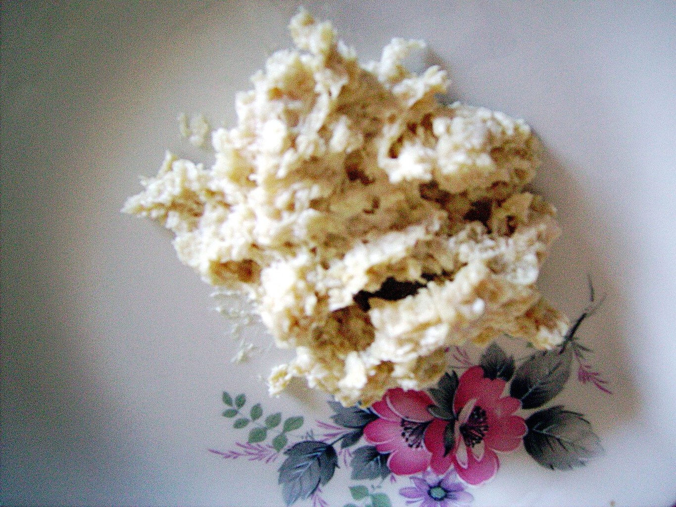 Close-up of a portion of a pale, crumbly, unevenly textured substance on floral plate.