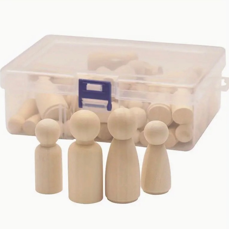 50pcs Muñecas de madera sin terminar - Arte y manualidades DIY, pintura, juego de clavijas, decoración para fiestas en casa - Formas y tamaños surtidos

