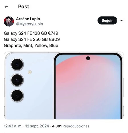 ギャラクシーS24 FE 128GB 749ユーロ。ギャラクシーS24 FE 256GB 809ユーロ。グラファイト、ミント、イエロー、ブルー