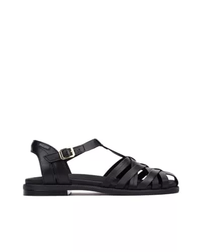 Pikolinos Navia Sandalias Planas Mujer | en Cuero | Cierre con Hebilla en Color Negro