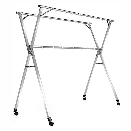 Tendedero plegable con ruedas y ganchos para uso en interiores y exteriores