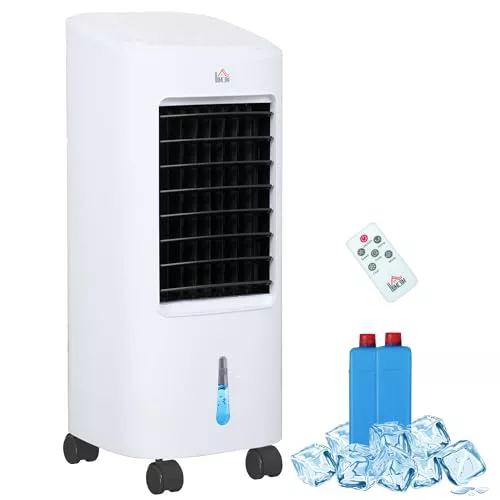 HOMCOM Climatizador Evaporativo 3 en 1 Enfriador de Aire 65 W Depósito de 7L Temporizador hasta 7,5H 3 Velocidades 3 Modos Oscilación Mando a Distancia Cajas Hielo para Hogar Oficina Blanco