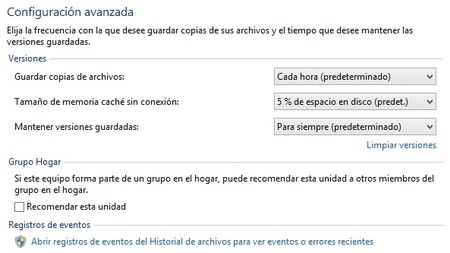 Configuración avanzada de Historial de Archivos