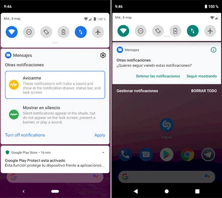 Android Q (左) と Android Pie (右) のオプション