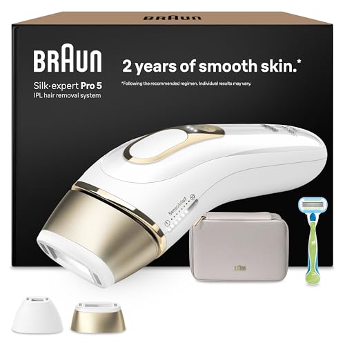 Braun Luz Pulsada Silk-expert Pro 5, Alternativa a Depiladora Laser, Eliminación Del Vello En Casa, Depiladora IPL Con Funda, Maquinilla Venus, 2 Cabezales Para Cara y Cuerpo, Blanca/Dorada, PL5152