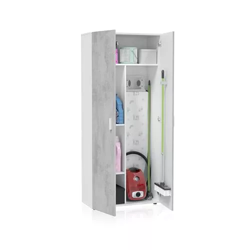 Habitdesign Armario Multiusos 2 Puertas 3 Estantes, 182x80x37 (AltoxAnchoxFondo - en cm), Armario Escobero Color Blanco Artik y Cemento