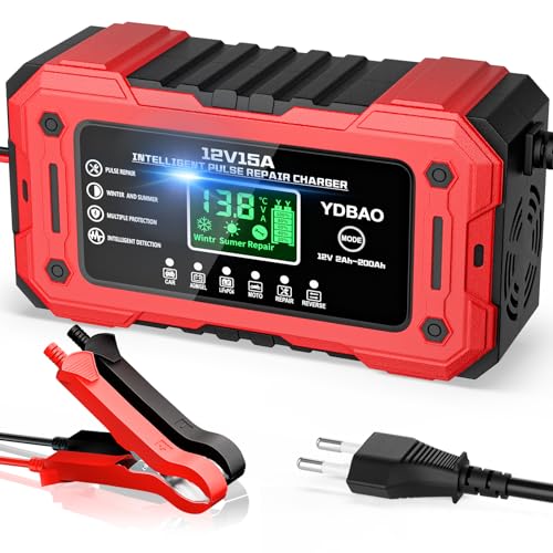 YDBAO 12V 15A Cargador de Batería de Coche Cargador Baterias Coche y Moto Inteligente con Reparación y Pantalla LCD y Múltiples Protecciones Cargador bateria para Coche Moto AGM SLA Gel LiFePO4