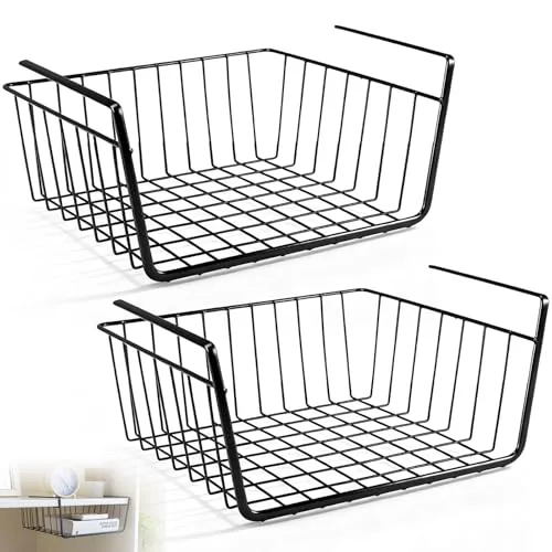 2Pcs Cesta Almacenaje Colgante Mmetálica, Cestas Colgantes Metal Prateleiras Arrumação Cozinha, Organizador Armario Cocina Almacenamiento Colgante Fácil Montaje para Oficina, Despensa, Baño (Negro)