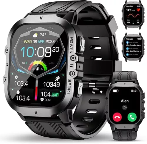 OUKITEL Reloj Inteligente Hombre Militar con Llamadas Bluetooth, Smartwatch Hombre Impermeable 5ATM con 120+ Deportivos, Relojes Digital Notificaciones de Mensajes/Oxímetro/Podómetro para Android/iOS
