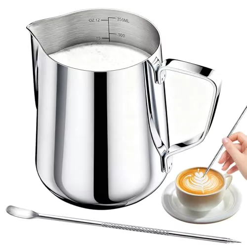 350ml/12oz jarra leche barista acero Inoxidable, dispositivo portátil lechera mit marca de medición, jarra cafe Ideal para espresso, capuchino, café con leche, Plata