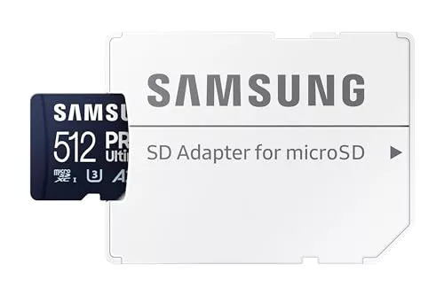 Samsung PRO Ultimate Tarjeta de Memoria MicroSD con Adaptador SD, 512 GB, 200 MB/s y 130 MB/s, UHS-I, C10, U3, V30, A2, 4K UHD, Apta para Smartphone, Tablet, GoPro, DJI Dron, Steam Deck (MB-MY512SA)
