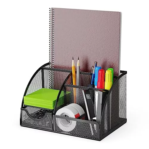 Detectalia Organizador de Escritorio y Portalápices con Cajón de Malla Metálica y 6 Compartimentos