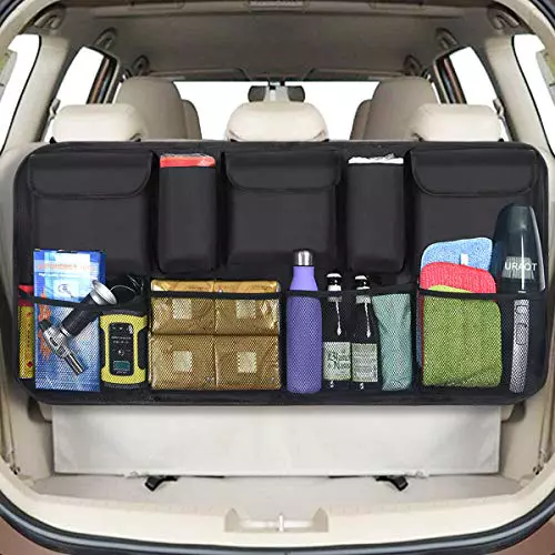 URAQT Organizador Maletero, Bolsas de Malla para Coche con 9 Bolsillos, Correa Ajustable y 3 Cinta de Fijación, Adecuado para SUV, MVP, 52x105cm