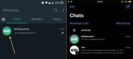 Android および iOS のチャット リストの WhatsApp ステータス