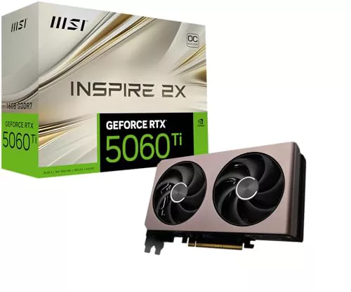 MSI GeForce RTX 5060 Ti 16G Inspire 2X OC Tarjeta gráfica, RTX 5060 Ti, 16GB GDDR7 (28Gbps/128-bit), PCIe 5.0 - Diseño térmico de Doble Ventilador (2 x STORMFORCE Fan) - HDMI 2.1b, DisplayPort 2.1b MSI GeForce RTX 5060 Ti 16G Inspire 2X OC Tarjeta gráfica, RTX 5060 Ti, 16GB GDDR7 (28Gbps/128-bit), PCIe 5.0 - Diseño térmico de Doble Ventilador (2 x STORMFORCE Fan) - HDMI 2.1b, DisplayPort 2.1b
