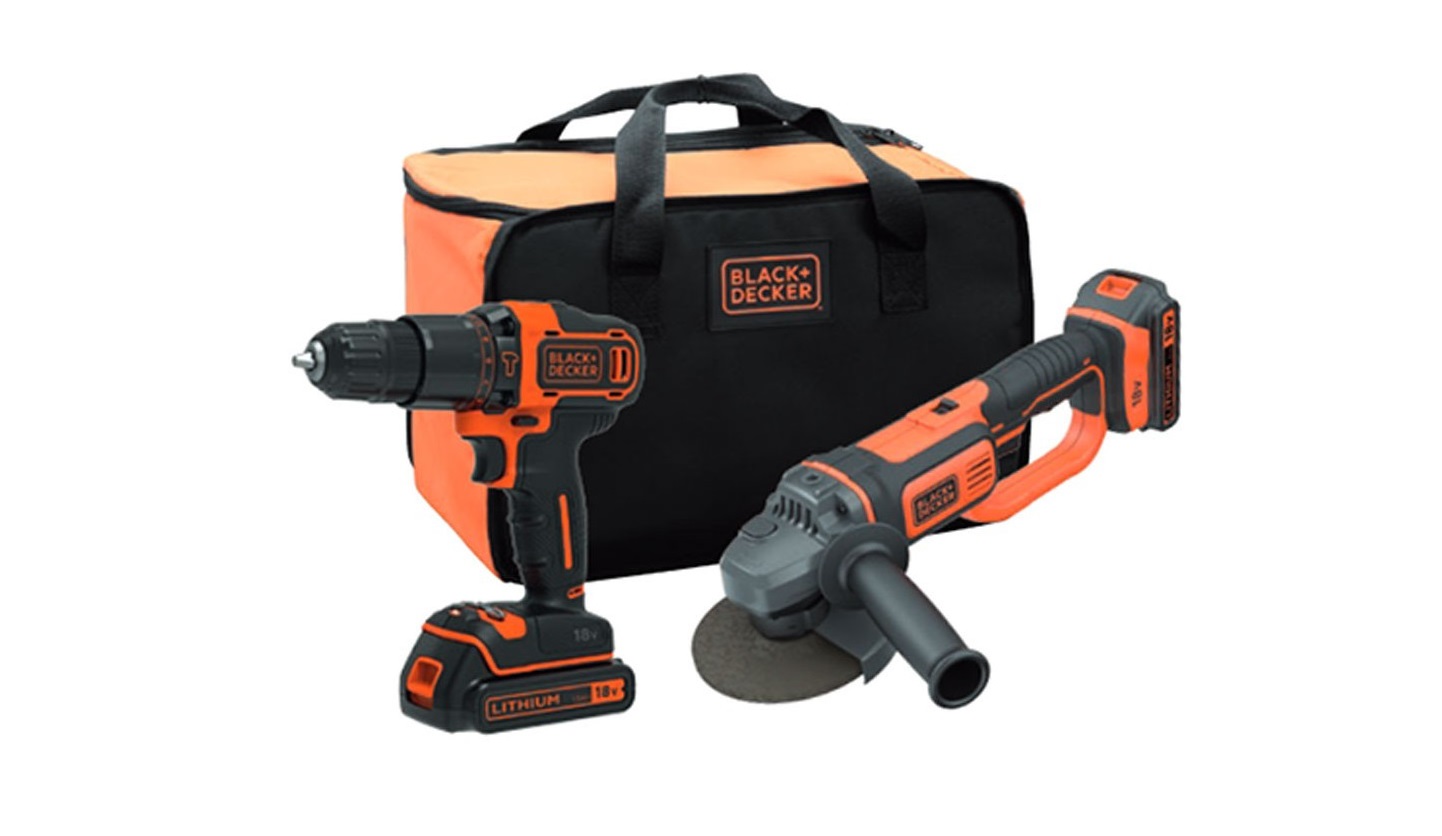 Set Taladro Percutor + Amoladora 125mm Black+Decker 18V + 2 Baterías 2,0Ah y Bolsa de Transporte BCK24D2S-QW