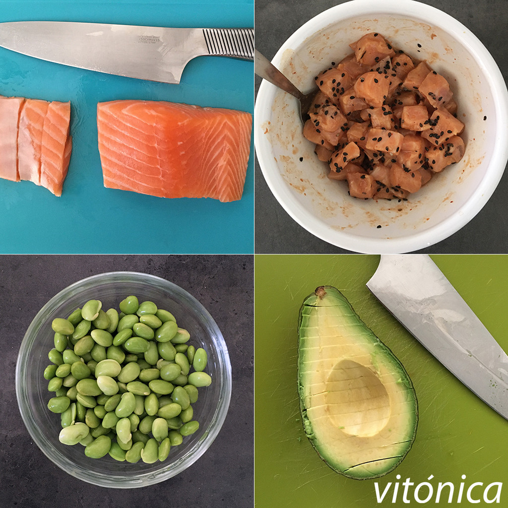 Poke bowl de salmón con edamame. Receta de cocina fácil, sencilla y