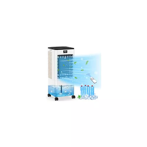 Aire Acondicionado Portátil Silencioso, Enfriador de Aire sin Tubo 4 en 1, 4 Modos 3 Velocidades, 60W Climatizador Evaporativo, Temporizadores de 1-12 H con Control Remoto, 4 Ruedas para Hogar Oficina