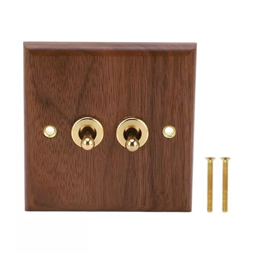 Telituny Interruptor de Luz de Doble Palanca Retro, 250V Placa de Interruptores Luz Pared Doble de Latón Vintage, Placa de Interruptor Decorativa de Madera Rústica para Dormitorio, Baño