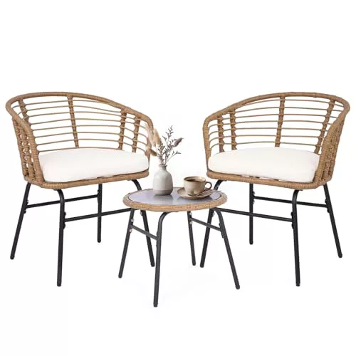 COSTWAY Conjunto Jardín Exterior, Conjunto de Mesa y Sillas Exterior de Ratán PE con Cojines Suaves, Estructura de Metal y Tablero de Vidrio Templado, Muebles de Jardín para Patio, Terraza