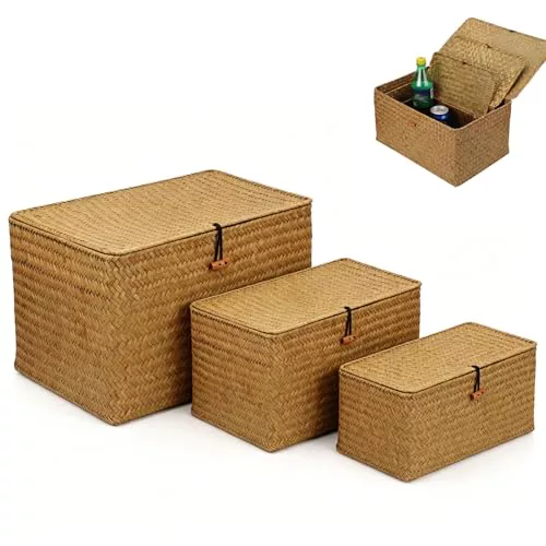 Cestas de Mimbre con Tapas, Paquete de 3 Cestas de Mimbre con Tapas, Contenedores de Almacenamiento de Hierba Marina Tejidos a Mano, para Cocina, Organizador de Escritorio y Hogar(S, M, L)