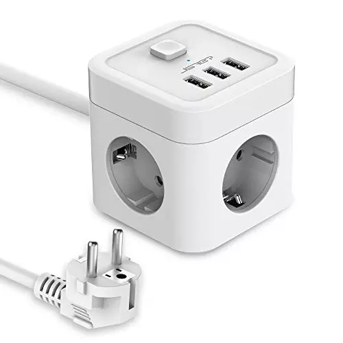 JSVER Cube Enchufe USB con 3 Puertos de USB y 3 Tomas 3680W 16A Regleta Enchufe Alargador Multiple Carga para Samsung iPad iPhone Tablets - Cable 1,5 m Blanco