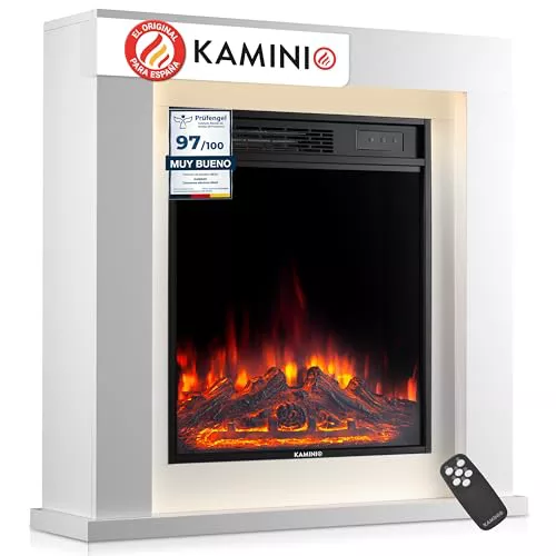 KAMINIO Chimenea eléctrica Matti - Chimenea eléctrica de pie con calefacción, Efecto de Llama 3D, Luz Ambiental LED, Control Remoto - 32 Pulgadas (Blanco)