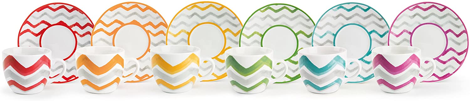 Excelsa Zag - Juego de 6 tazas de café con plato, porcelana, multicolor