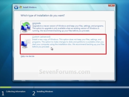 Windows 7, instalación personalizada