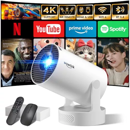 [Apps integradas & 2025 Upgraded] Mini Proyector con WiFi 6 Bluetooth 5.4 Support 4K 1080P Auto Keystone 180° Rotable Proyector Portátil Compatibile con HDMI/TV Stick/Memory Stick/Laptop, Blanco