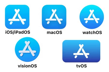 さまざまな Apple オペレーティング システムの App Store アイコン
