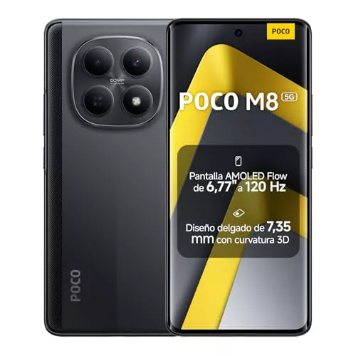 XIAOMI POCO M8 5G - Smartphone de 8+256GB, Pantalla de 6,77" 120Hz Flow AMOLED, Snapdragon 6 Gen 3, cámara Dual de 50MP IA, Carga Turbo de 45W, Cargador no Incluido, Negro (Versión ES)
