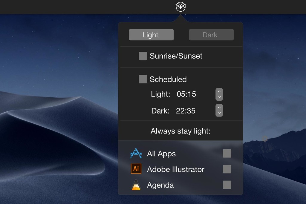 NightOwl te ofrece múltiples formas de activar el modo oscuro en macOS según tus preferencias