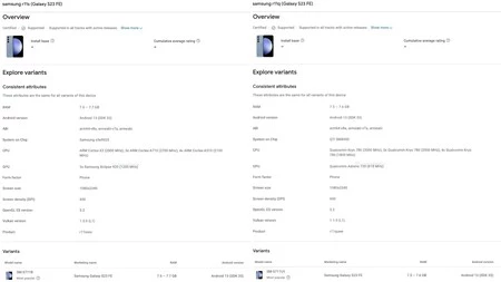Exynos (左) と Qualcomm (右) を搭載した Galaxy S23 FE のバリエーション (画像: SamMobile )