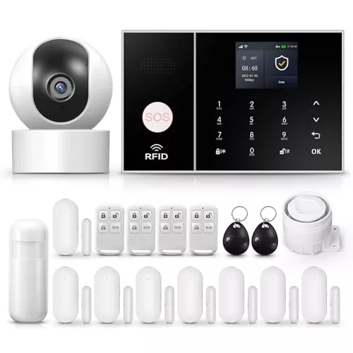 Sistema de Seguridad para el hogar, Sistema de Alarma inalámbrico de cámara de vigilancia de 1080p con Sirena de Alarma de 120dB Compatible con Alexa Google