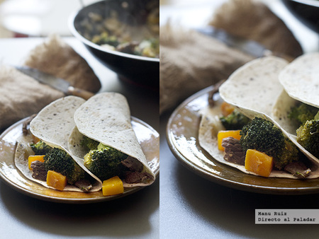 Fajitas de ternera, calabaza y brócoli. Receta