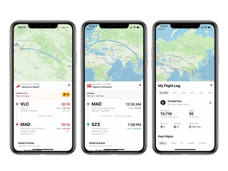 リアルタイムで報告されるフライトの遅延の例とフライトのルート。